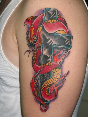 Tattoos - Traditional Old School tattoos - snake and cross